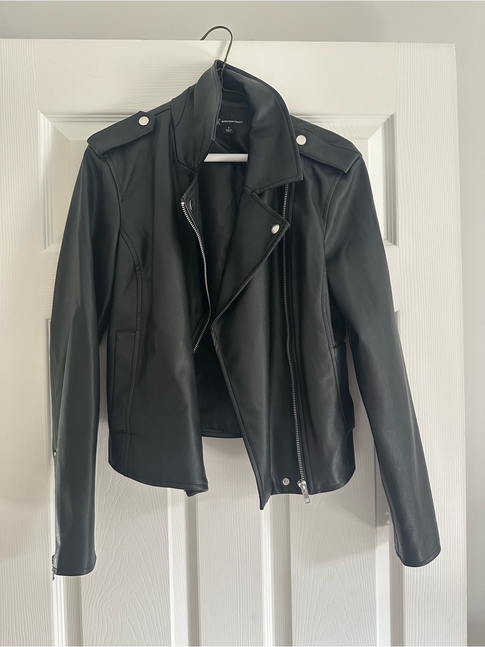 INC International Concepts Black Faux Leather Moto Jacket with Snap Epaulettes